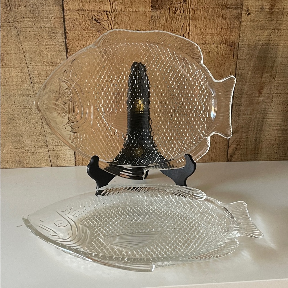 Vtg Anchor Hocking Fish-Shaped Glass Serving Platters Set of 2